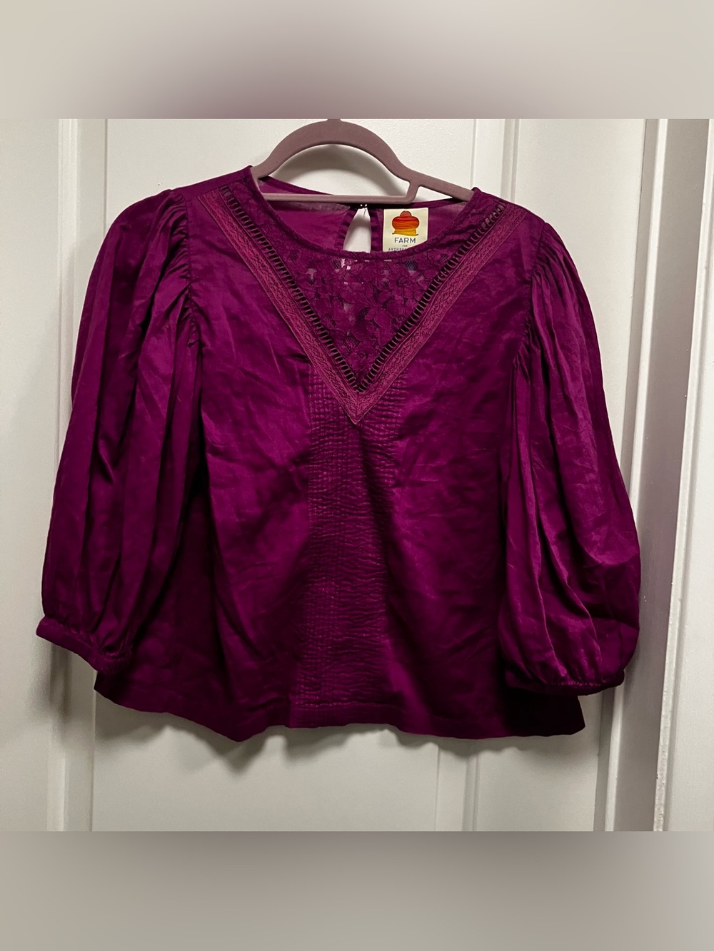 FARM Rio for Anthropologie Magenta Purple Cotton Lace V-Neck Blouse XS Petite